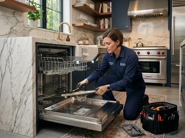 Appliance Repair Hero technician servicing a built-in dishwasher in a Altmar, NY kitchen