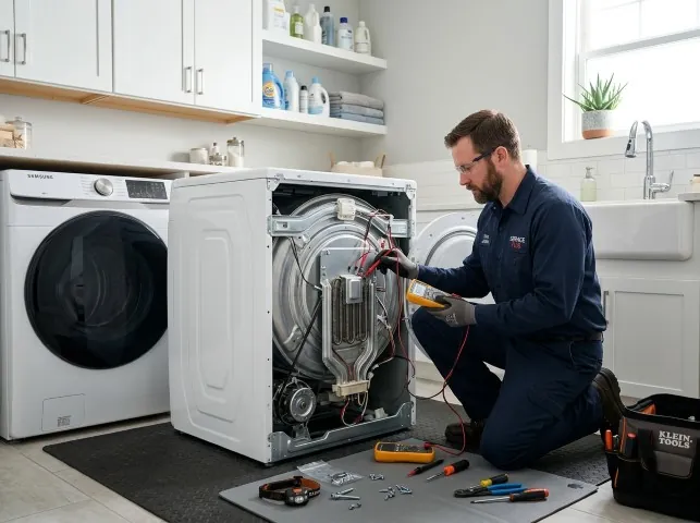 Appliance Repair Hero technician checking a dryer heating element with the rear panel off in Altmar, NY