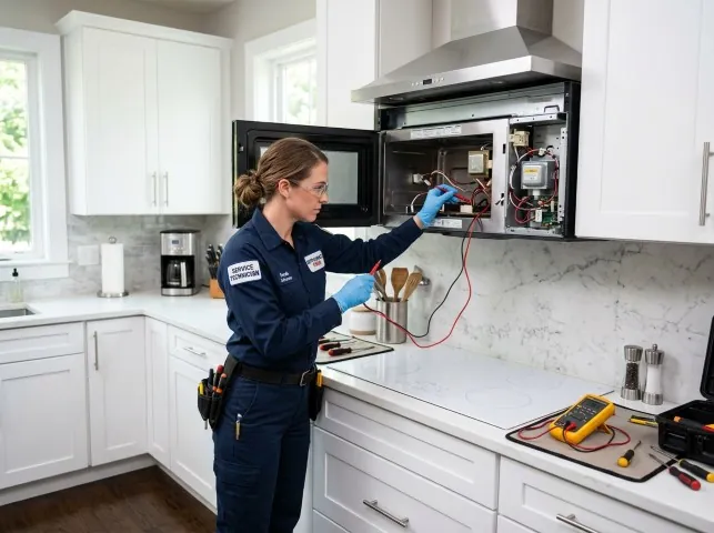 Appliance Repair Hero technician testing an over-the-range microwave in a Altmar, NY kitchen