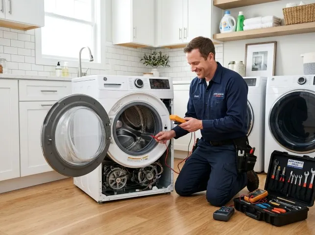 Appliance Repair Hero technician testing a front-load washer with a multimeter on a Altmar, NY service call